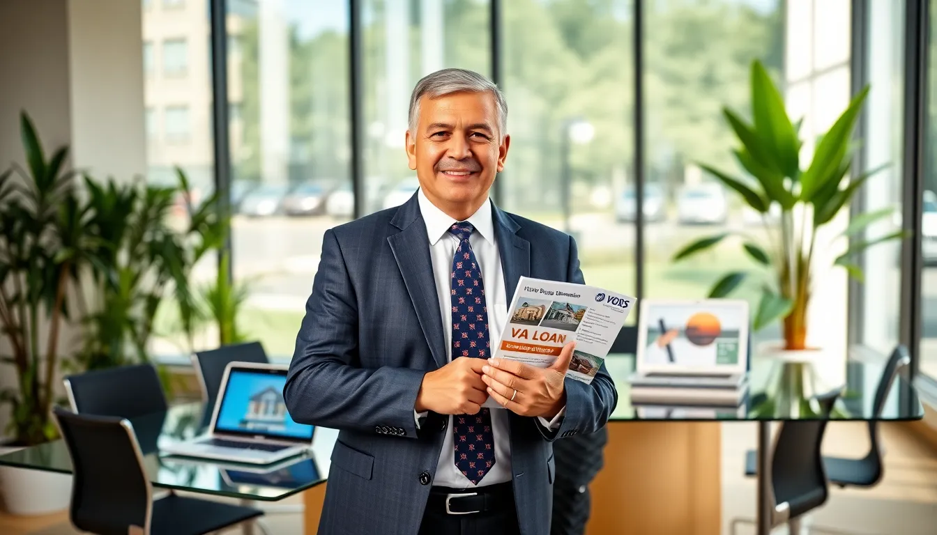 a confident veteran reviewing a VA loan brochure in a modern office.