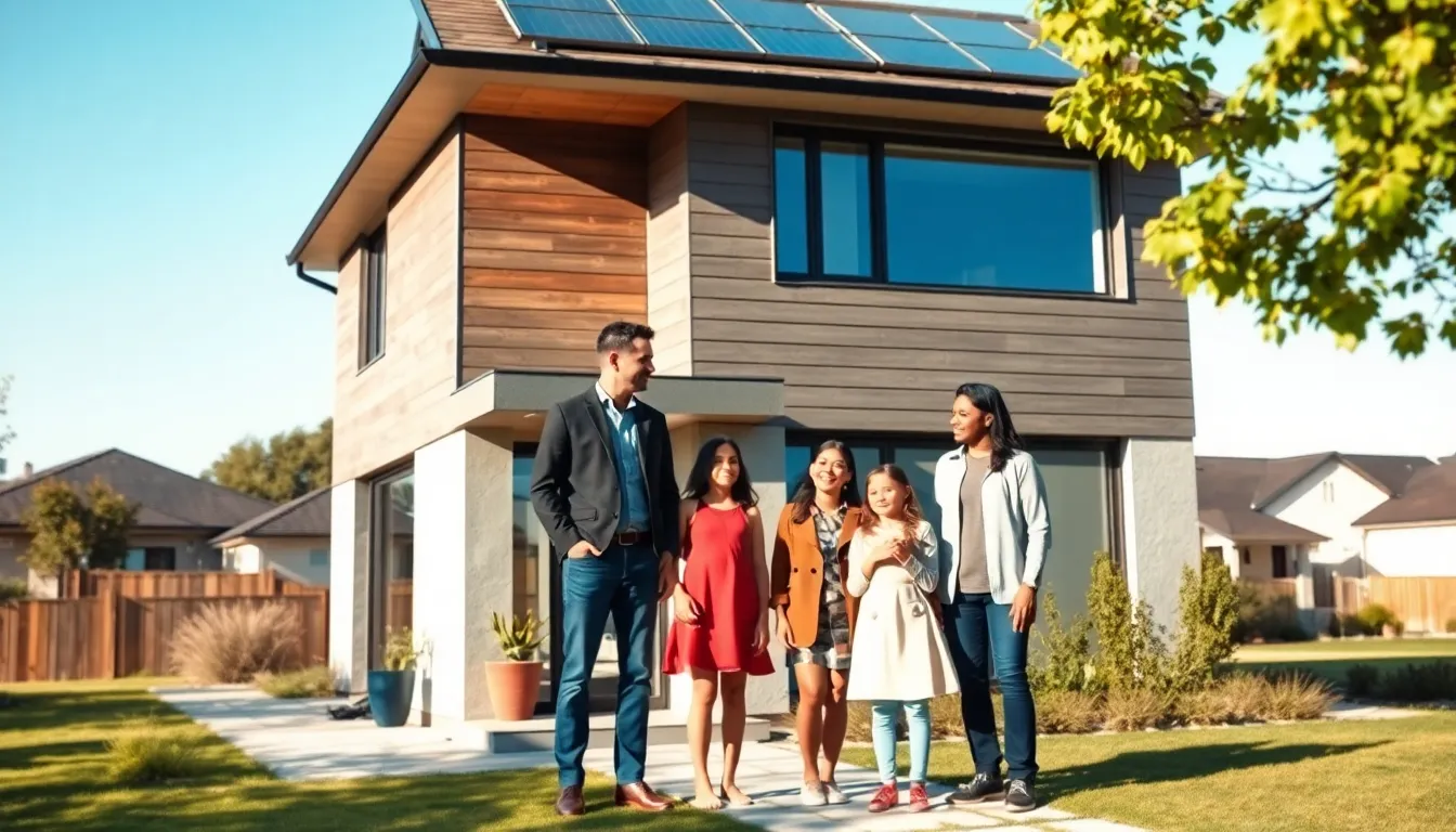 family standing in front of a modern energy-efficient home.