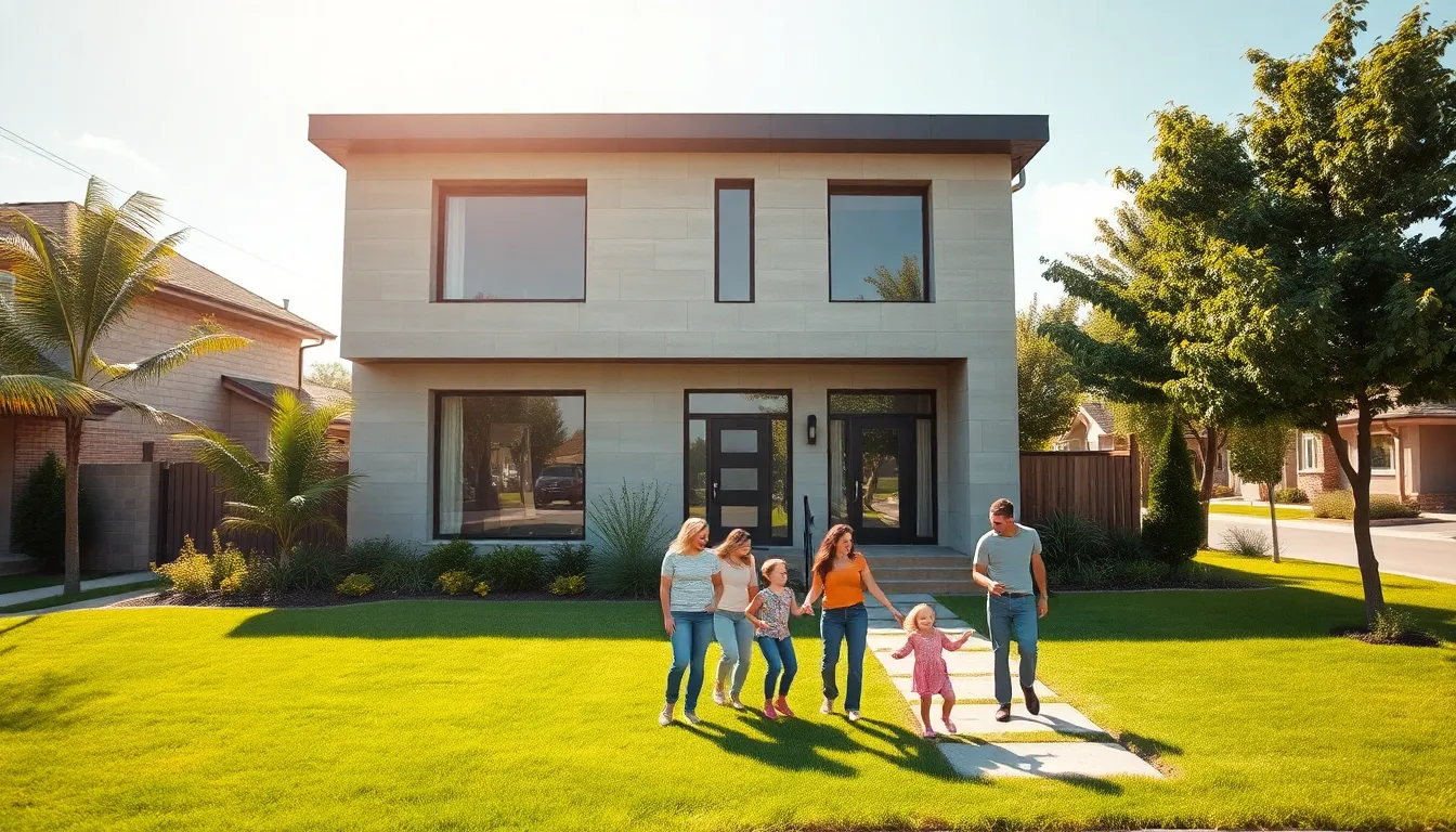 modern concrete block home in a vibrant neighborhood with a family outside.