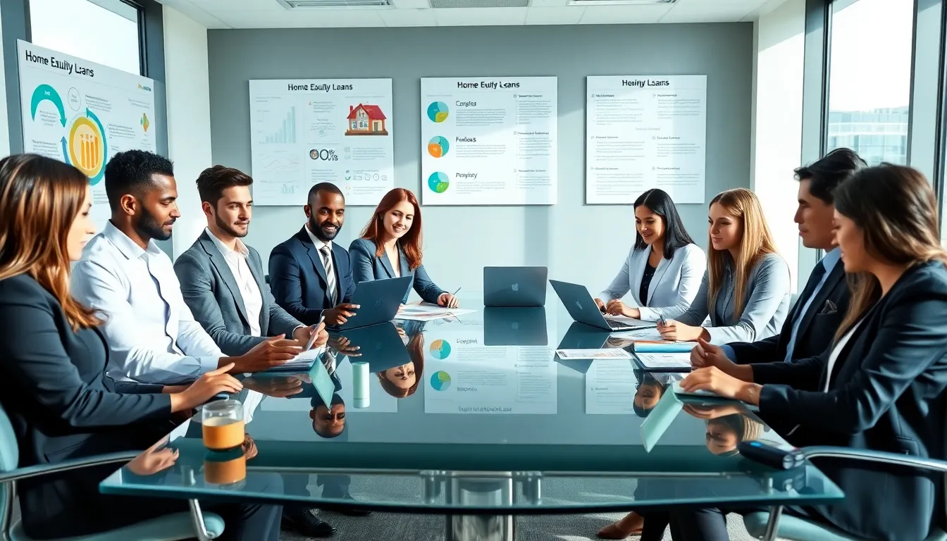 diverse team discussing home equity loans in a modern office.