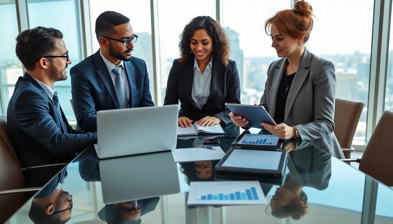 diverse team discussing VA loans in a modern office.