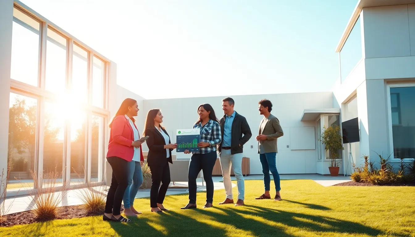 diverse professionals discussing energy-efficient home design in a sunny environment.