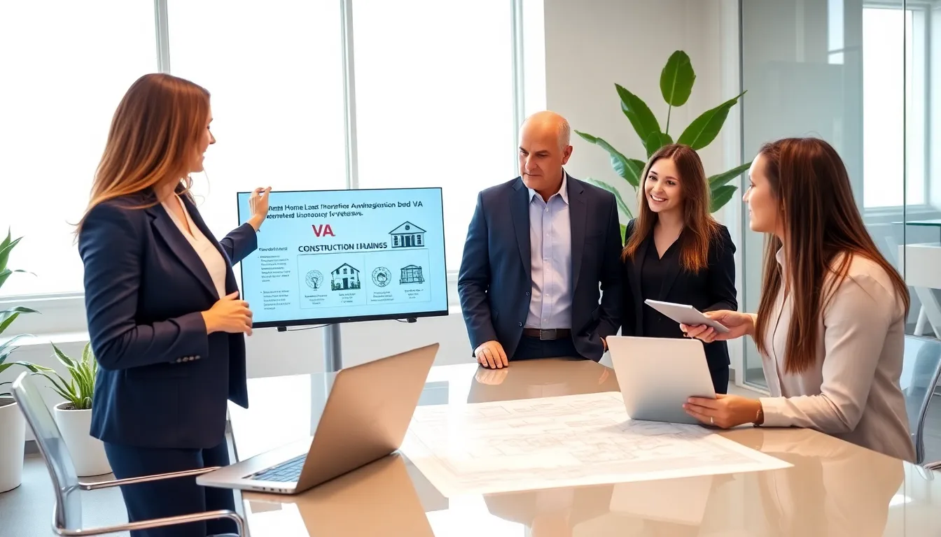professionals discussing VA construction loans in a modern office.