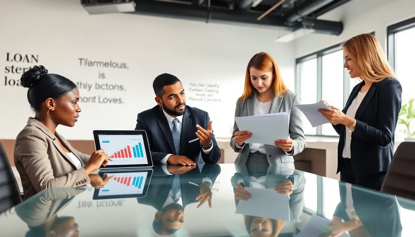 diverse professionals discussing personal loans in a modern office.