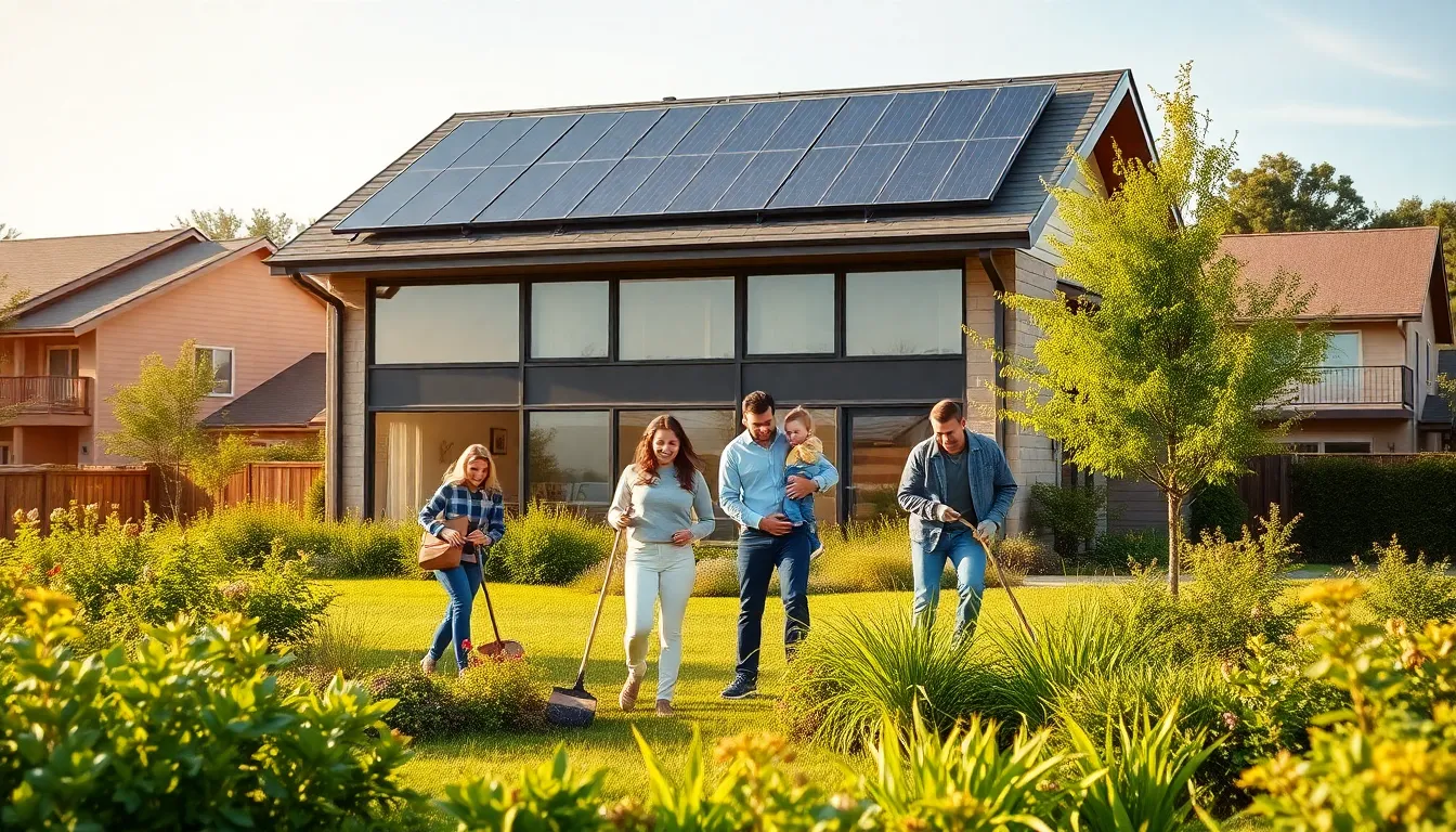 modern energy-efficient home with a diverse family in a green neighborhood.