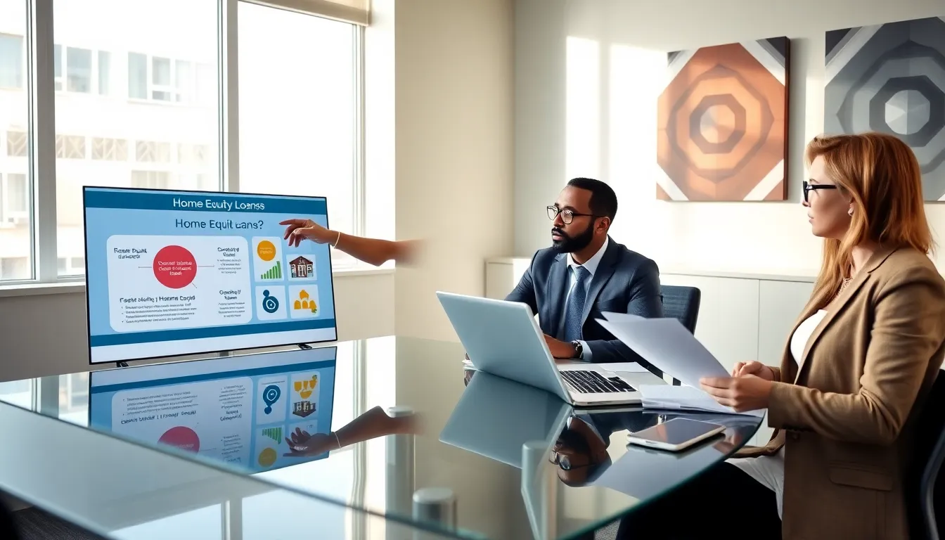 diverse professionals discussing home equity loans in an office setting.