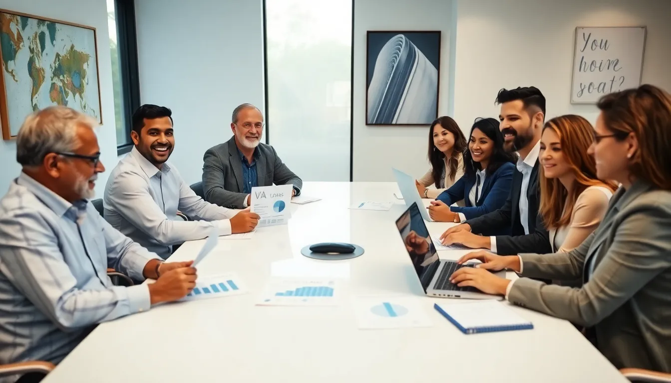 diverse veterans discussing VA loans in a modern office setting.